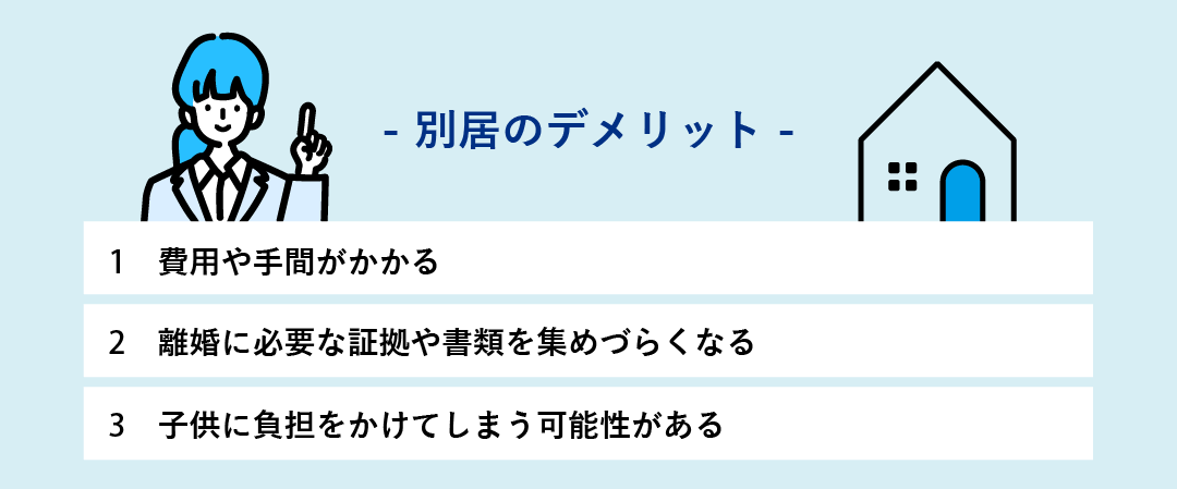 ①費用が手間がかかる　②離婚に必要な証拠や書類を集めづらくなる　③子供に負担をかけてしまう可能性がある