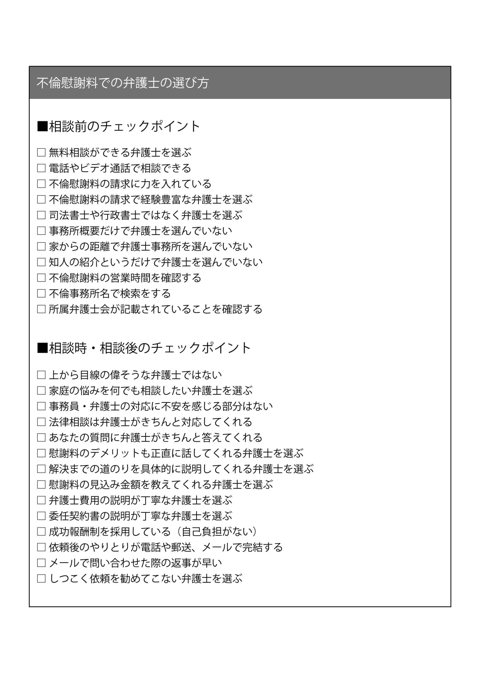 不倫慰謝料での弁護士の選び方。相談前のチェックポイント。□	無料相談ができる弁護士を選ぶ□電話やビデオ通話で相談できる□不倫慰謝料の請求に力を入れている□不倫慰謝料の請求で経験豊富な弁護士を選ぶ□司法書士や行政書士ではなく弁護士を選ぶ□事務所概要だけで弁護士を選んでいない□家からの距離で弁護士事務所を選んでいない□知人の紹介というだけで弁護士を選んでいない□不倫慰謝料の営業時間を確認する□不倫事務所名で検索をする□所属弁護士会が記載されていることを確認する□上から目線の偉そうな弁護士ではない□家庭の悩みを何でも相談したい弁護士を選ぶ□事務員・弁護士の対応に不安を感じる部分はない□法律相談は弁護士がきちんと対応してくれる□あなたの質問に弁護士がきちんと答えてくれる□慰謝料のデメリットも正直に話してくれる弁護士を選ぶ□解決までの道のりを具体的に説明してくれる弁護士を選ぶ□慰謝料の見込み金額を教えてくれる弁護士を選ぶ□弁護士費用の説明が丁寧な弁護士を選ぶ□委任契約書の説明が丁寧な弁護士を選ぶ□成功報酬制を採用している（自己負担がない）□依頼後のやりとりが電話や郵送、メールで完結する□メールで問い合わせた際の返事が早い□しつこく依頼を勧めてこない弁護士を選ぶ